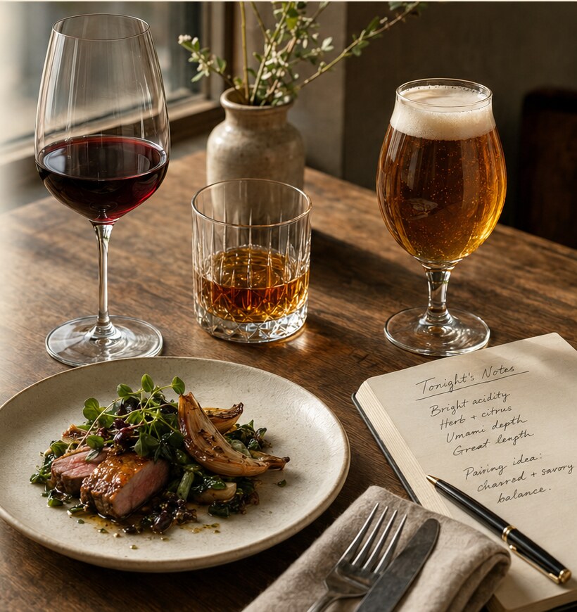 Wine, bourbon, and beer arranged with a plated dish and tasting notes.