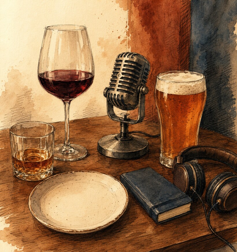 Illustrated wine, bourbon, and beer glasses beside a microphone, headphones, notebook, and plate.